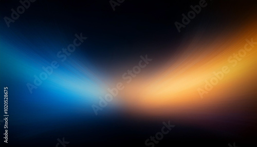 Defocused blue yellow orange radiance soft texture on dark black abstract empty space background. Neon blur glow. Color light overlay. Copy space.