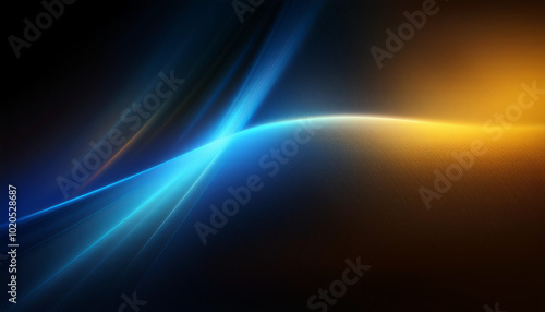 Defocused blue yellow orange radiance soft texture on dark black abstract empty space background. Neon blur glow. Color light overlay. Copy space.