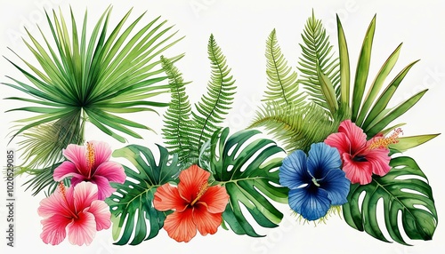 tropical leaves and flowers, hibiscus and others, fringing a white background in the corners, leaving a clean place in the center