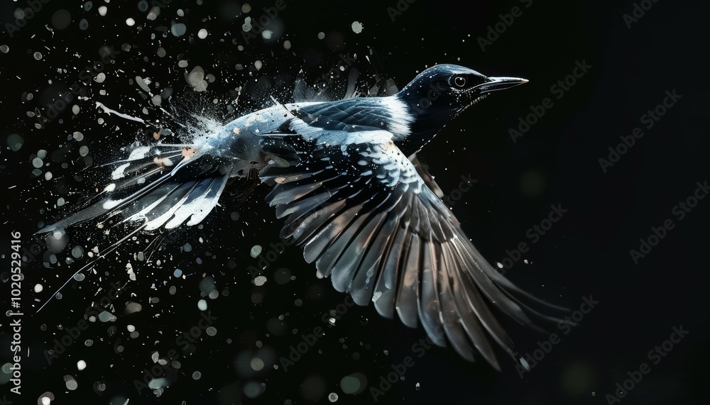 Naklejka premium a bird in flight in gray colors on a dark background in a dispersed flight