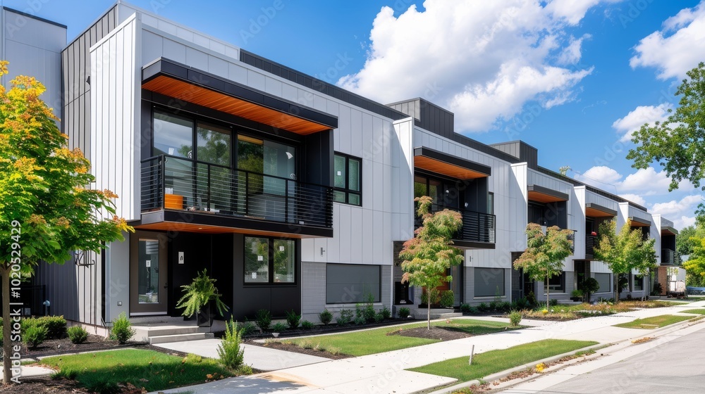 Sustainable Architecture: A line of sleek townhouses with gray roofs and white exteriors in an urban setting Sustainable Architecture: A line of sleek townhouses with gray roofs and white exteriors in an urban setting