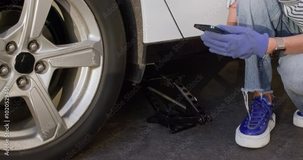 Female driver sets scissor jack near car rear wheel. Woman in work gloves squats near car and nervously phones to car emergency service Female driver sets scissor jack near car rear wheel. Woman in work gloves squats near car and nervously phones to car emergency service