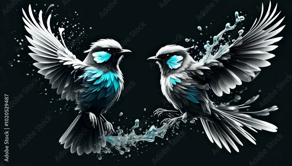 Fototapeta premium a bird in flight in gray colors on a dark background in a dispersed flight