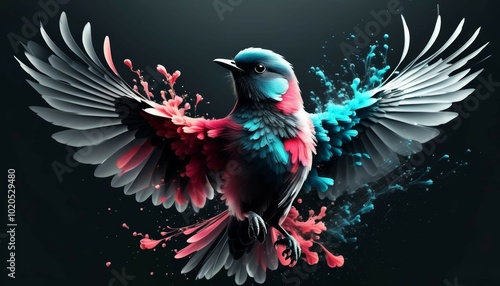 a bird in flight in bright colors on a dark background in a dispersed flight