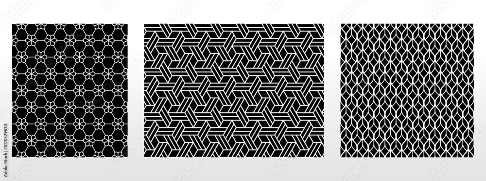 Geometric set of seamless black and white patterns. Simple vector graphics. Geometric set of seamless black and white patterns. Simple vector graphics.