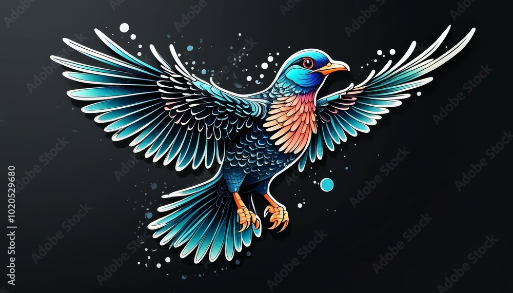 Obraz premium a bird in flight in bright colors on a dark background in a dispersed flight