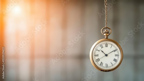 A vintage pocket watch hanging from a chain, with its shadow reflecting time as it swings slowly in a dimly lit room