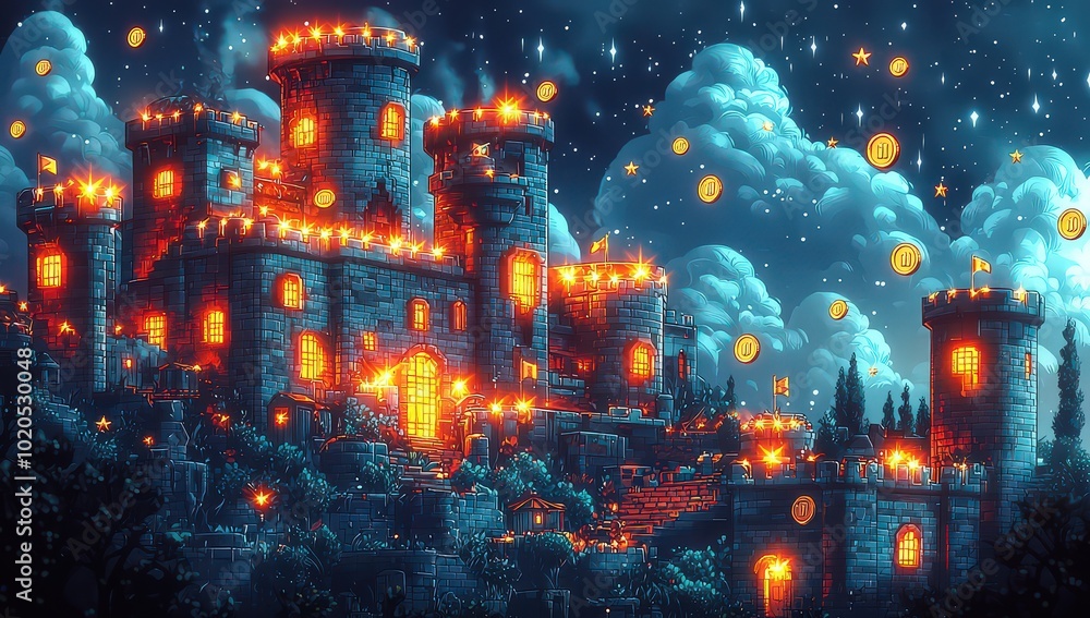 Industrial game art building with many gold coins and stars Industrial game art building with many gold coins and stars