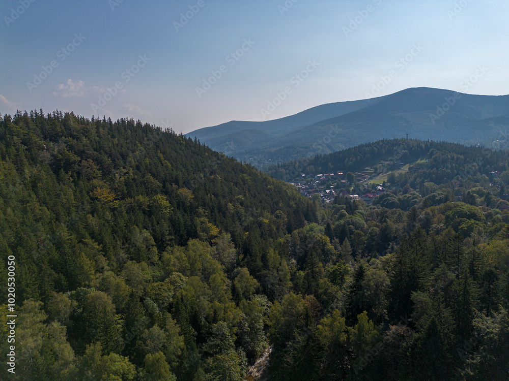 Mountain valley in Sudeten mountains, landscape, drone view Poland Mountain valley in Sudeten mountains, landscape, drone view Poland