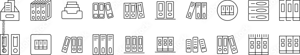 Shelved Documents Outline Icon Collection. Editable Stroke. Perfect for Infographics, Articles, Books, Flyers, Banners Shelved Documents Outline Icon Collection. Editable Stroke. Perfect for Infographics, Articles, Books, Flyers, Banners