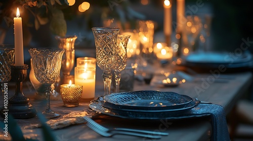 Candlelit Table Setting with Glassware and Blue Plates photo