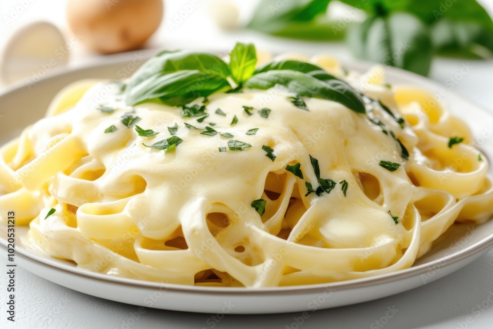gourmet pasta dish, cheese sauce poured onto hot pasta in a white dish on a white background gourmet pasta dish, cheese sauce poured onto hot pasta in a white dish on a white background