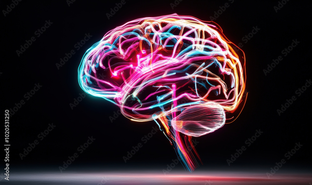 A brain with colorful lines is shown in a black background A brain with colorful lines is shown in a black background