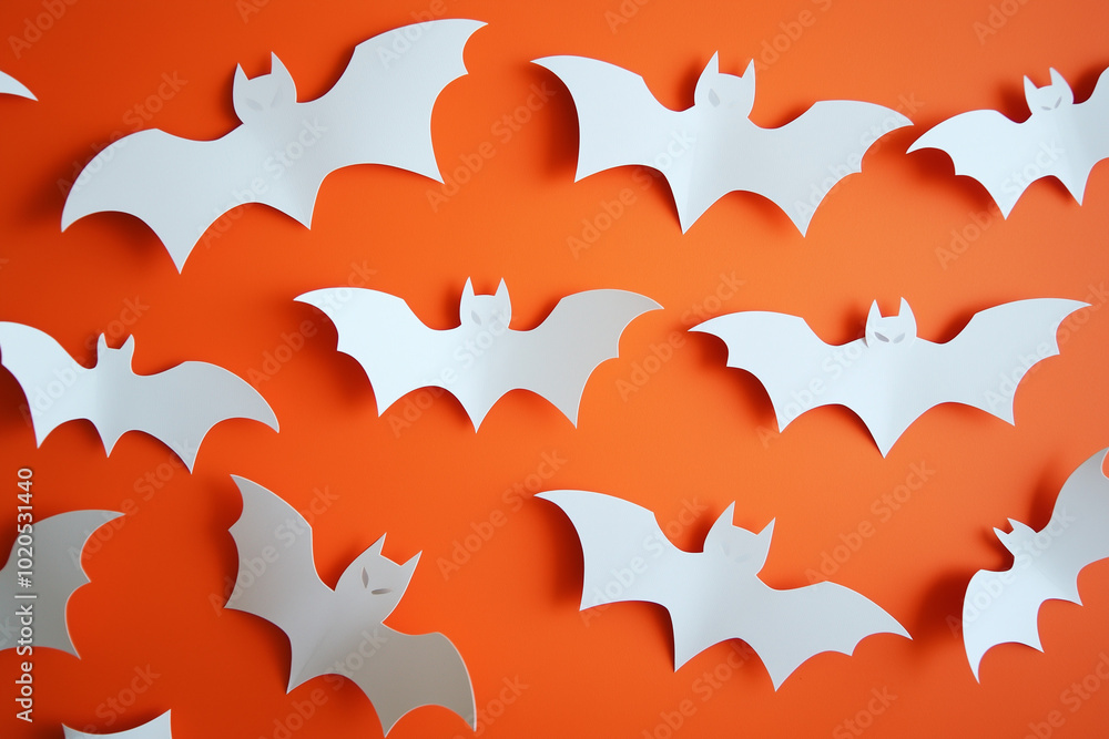 White paper cut-outs of bats and ghosts rest on a orange background, creating a playful Halloween concept with a copy space for a banner White paper cut-outs of bats and ghosts rest on a orange background, creating a playful Halloween concept with a copy space for a banner