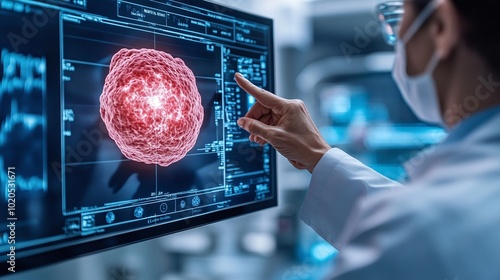 advanced cancer diagnosis with a doctor analyzing a 3d holographic scan for precise medicine focusing on innovative approaches in patient care and treatment through advanced medical imaging