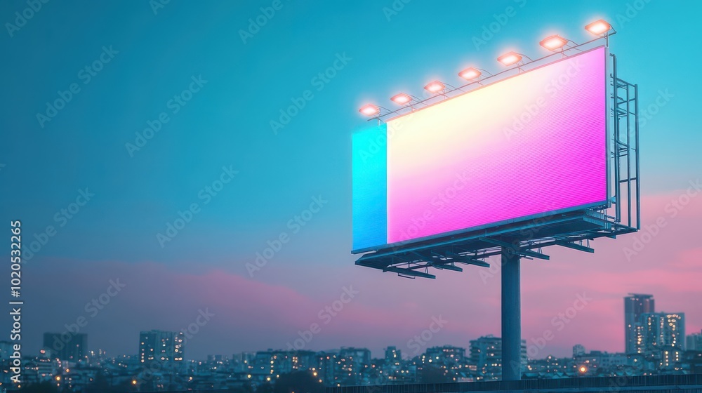 Fototapeta premium Colorful billboard at night with glowing lights, vibrant city, 3D illustration