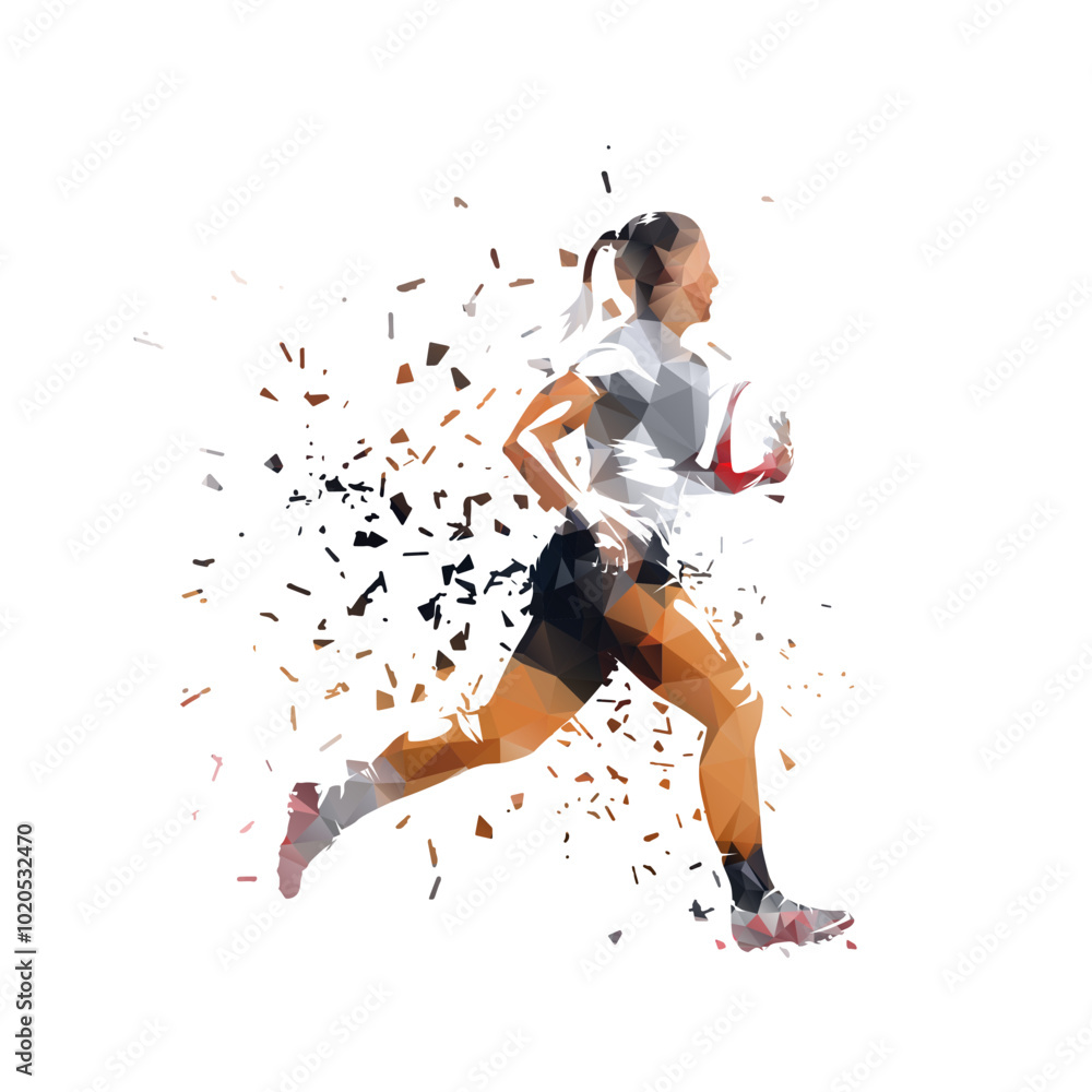 Rugby women, female rugby player running with ball, low poly isolated vector illustration