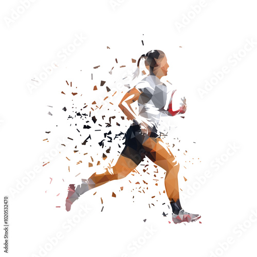 Obraz na płótnie Rugby women, female rugby player running with ball, low poly isolated vector illustration w salonie