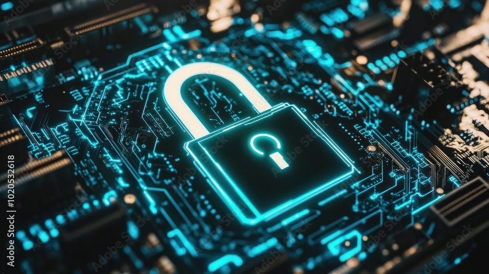 Glowing Padlock Symbol on a Circuit Board Glowing Padlock Symbol on a Circuit Board