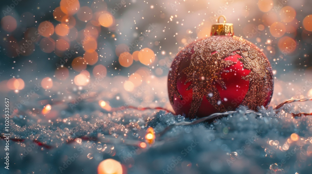 Detailed shot of a glittering red and gold Christmas ball on snow, surrounded by festive ribbons and twinkling fairy lights creating a warm, magical ambiance. Detailed shot of a glittering red and gold Christmas ball on snow, surrounded by festive ribbons and twinkling fairy lights creating a warm, magical ambiance.
