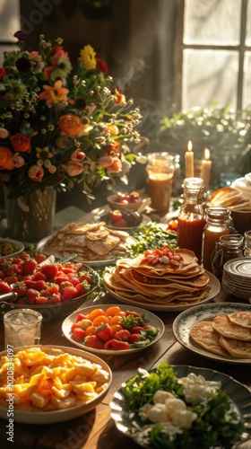 Many plates of food on a table with candles, tuesday pancake day, food background