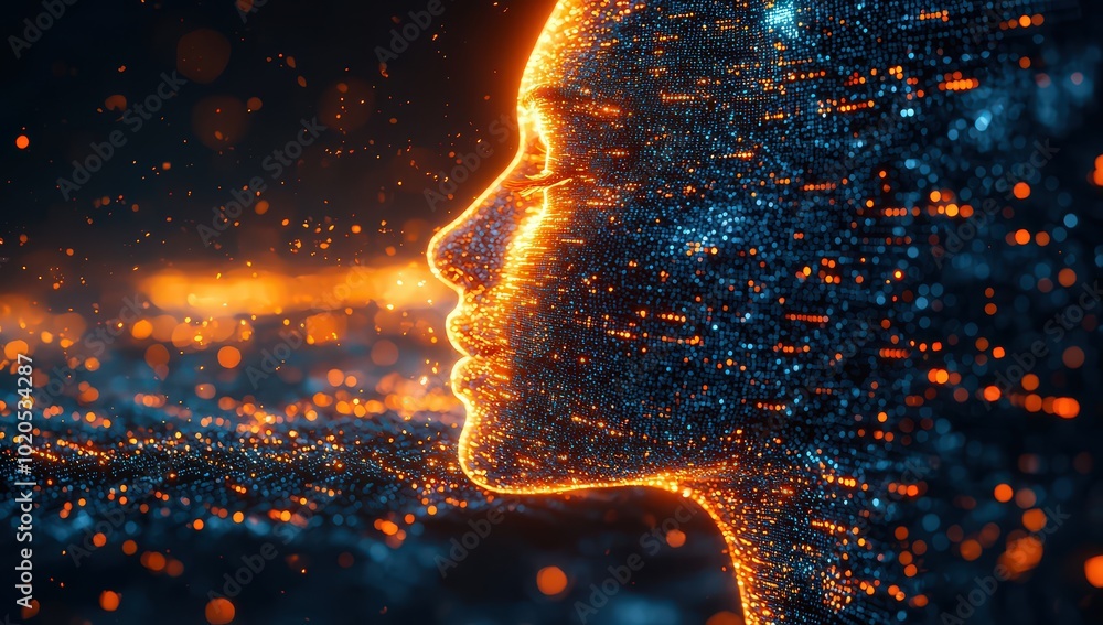 digital human head made up from glowing data and code, with a dark blue ...