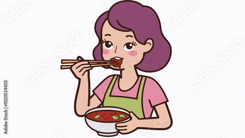 A vector illustration of a cute woman eating chili with chopsticks. She has purple hair and is wearing a pink shirt and a green apron. The chili is in a bowl, and the woman is using chopsticks to eat