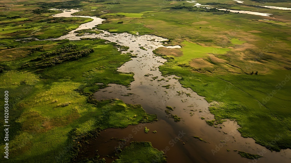 Aerial View of a Winding River Through Lush Green Marshland Aerial View of a Winding River Through Lush Green Marshland