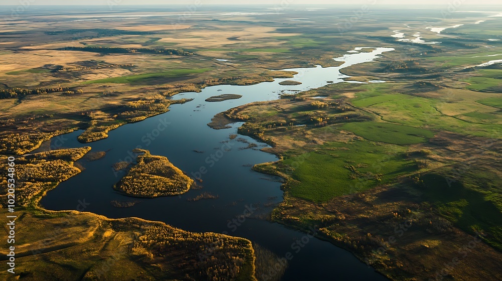 Aerial View of a Winding River Through Lush Green and Autumnal Fields Aerial View of a Winding River Through Lush Green and Autumnal Fields