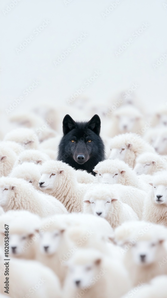 Fototapeta premium A striking image of a black wolf standing out amongst a herd of white sheep, symbolizing individuality, courage, and being different in a crowd.