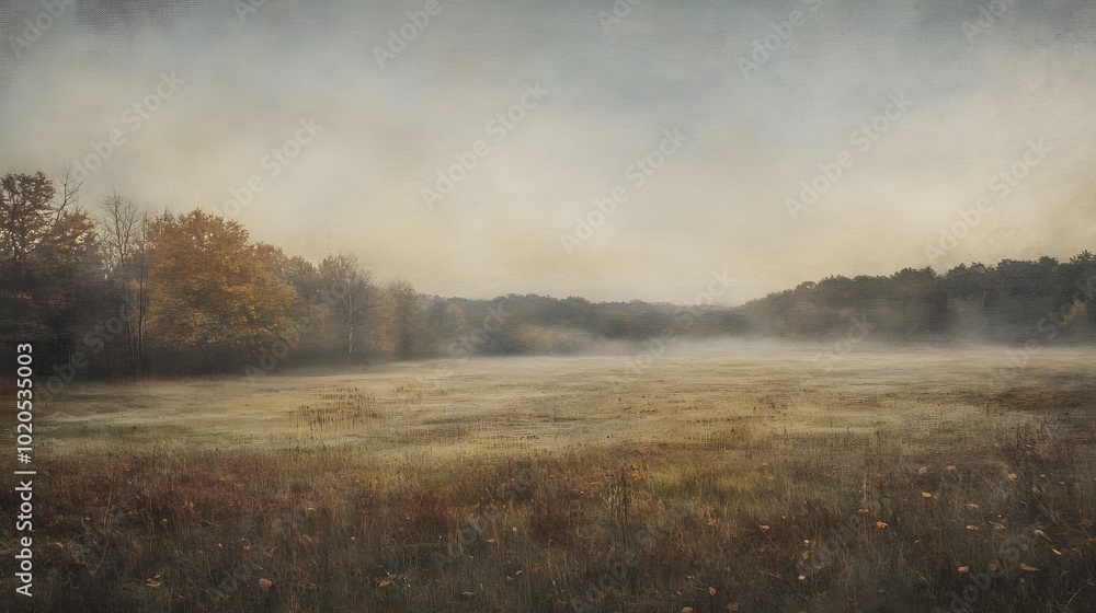 Fototapeta premium An autumn meadow in the early morning, covered in a soft layer of mist. The once green grass is tinged with shades of gold, brown, and rust as the season transitions