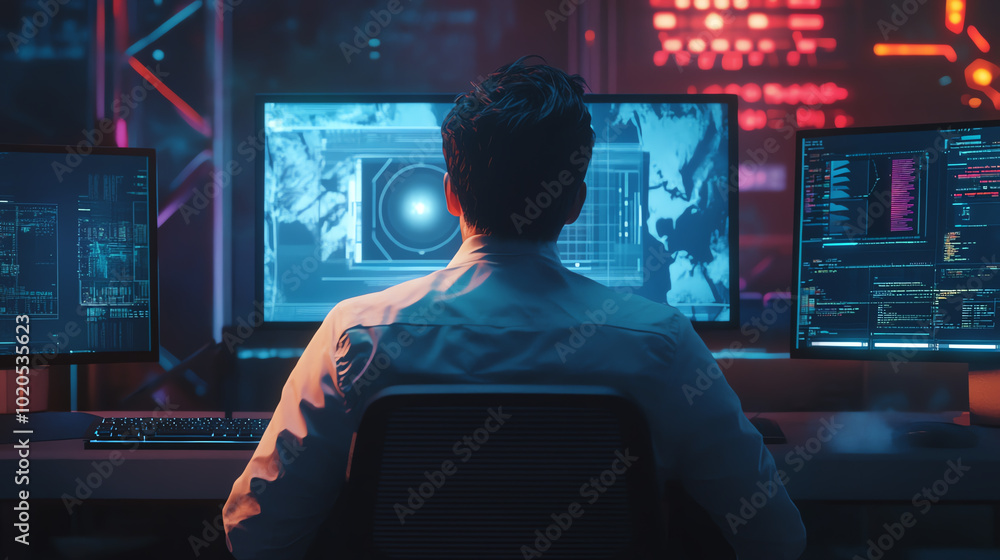 A focused individual analyzing data on multiple screens in a modern tech workspace, showcasing advanced computing and analysis. A focused individual analyzing data on multiple screens in a modern tech workspace, showcasing advanced computing and analysis.