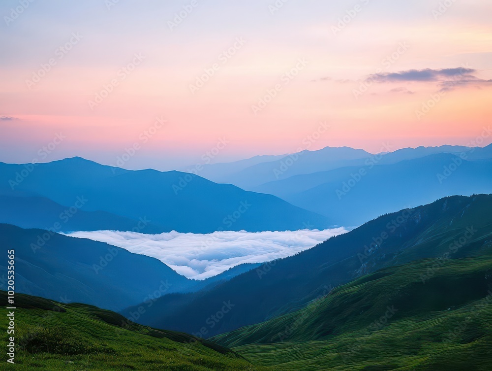 Mountain range silhouette, soft pink sunrise, misty valleys, peaceful wilderness Mountain range silhouette, soft pink sunrise, misty valleys, peaceful wilderness