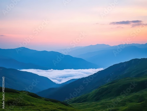 Mountain range silhouette, soft pink sunrise, misty valleys, peaceful wilderness