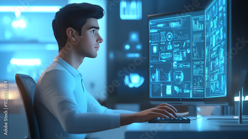 A focused individual working at a computer, analyzing data with futuristic screens in a high-tech environment.