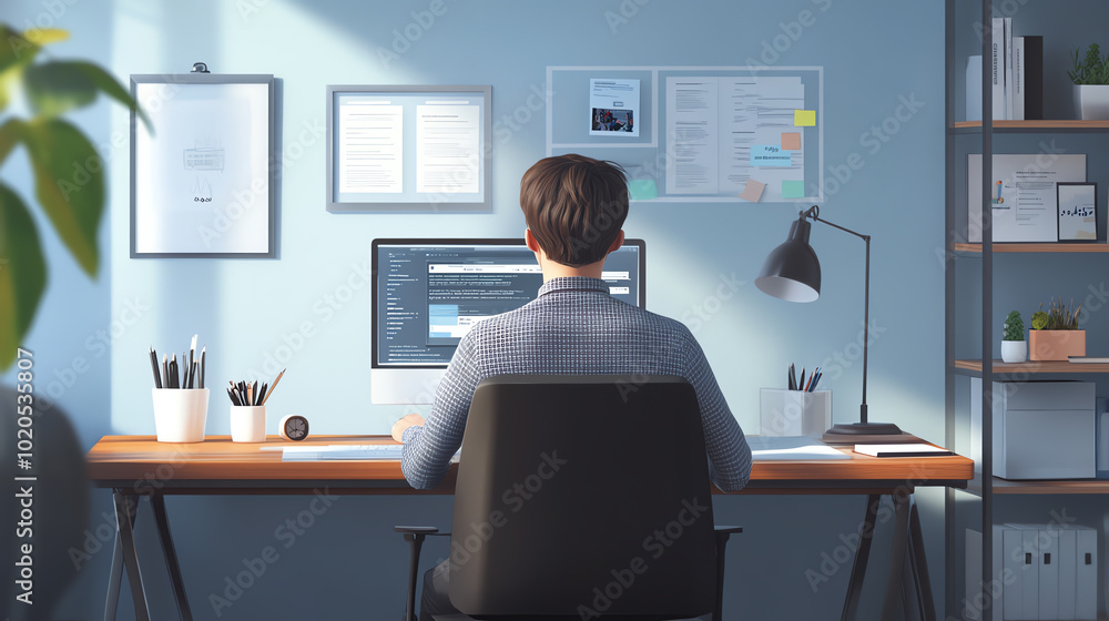 A focused individual working at a desk, with a computer setup and organized workspace, ideal for remote work themes. A focused individual working at a desk, with a computer setup and organized workspace, ideal for remote work themes.