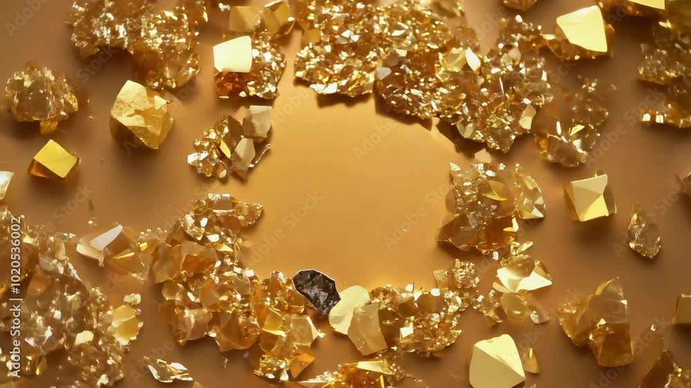 Golden amber crystals scattered on a flat surface, creating a luxurious and intricate pattern with a single dark gem standing out in the center Golden amber crystals scattered on a flat surface, creating a luxurious and intricate pattern with a single dark gem standing out in the center