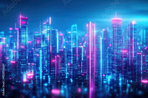 Neon city skyline, futuristic skyscrapers, glowing neon lights, vibrant cyberpunk aesthetic