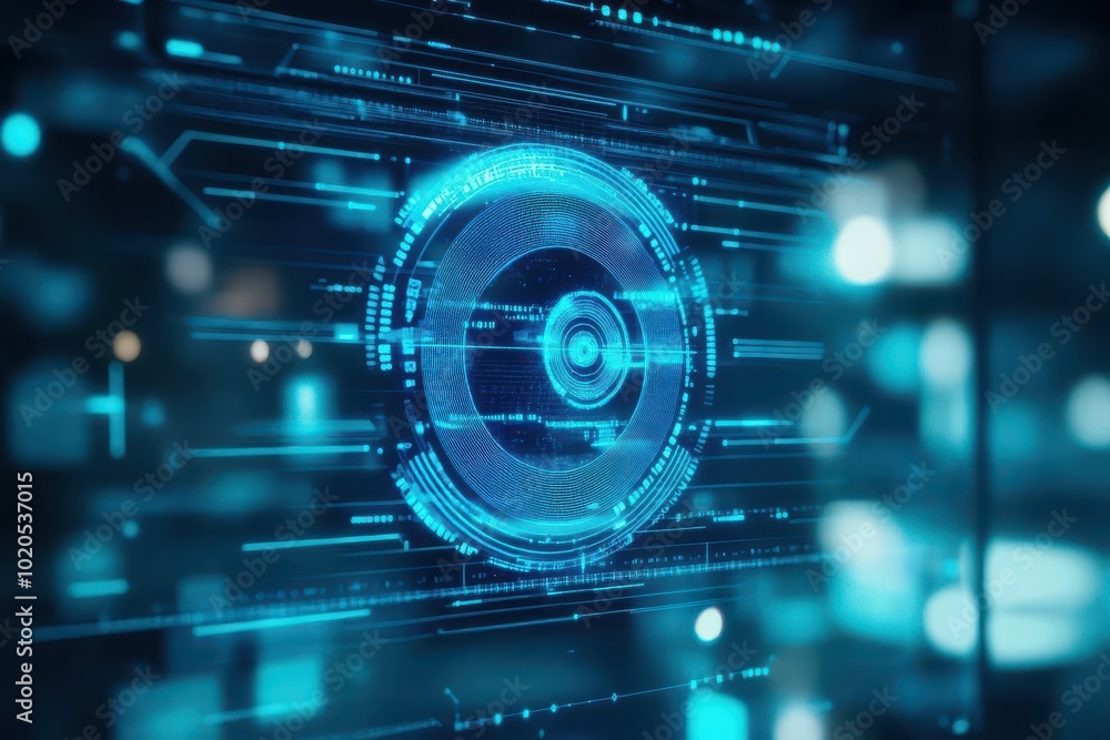 Robotic eye scanning a holographic display of data, Scifi, Blue neon tones, 3D rendering, Hightech interface in the background Robotic eye scanning a holographic display of data, Scifi, Blue neon tones, 3D rendering, Hightech interface in the background