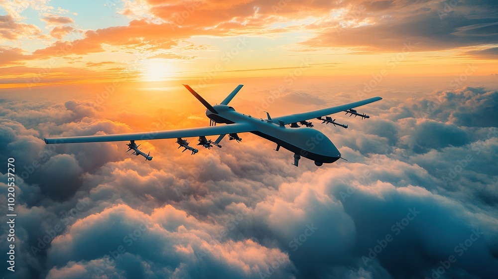 photo of unmanned military drone flying over clouds during sunset photo of unmanned military drone flying over clouds during sunset
