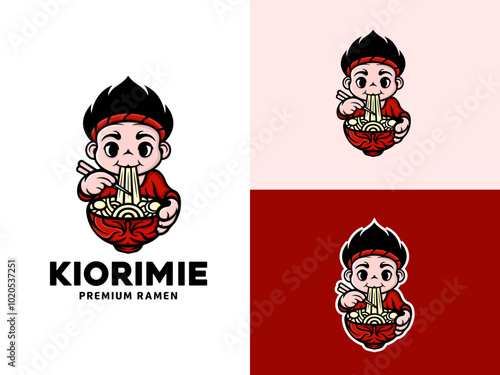 a cute chef is eating a bowl of ramen noodles in a bowl using chopsticks. mascot logo design for japanese food.