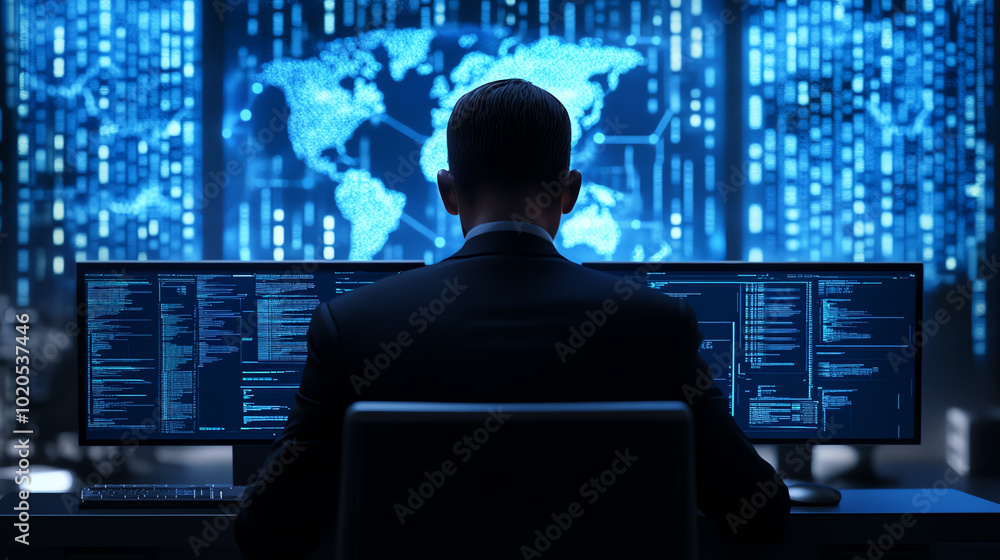 A professional analyzing data on multiple screens, with a digital world map in the background. A modern tech workspace. A professional analyzing data on multiple screens, with a digital world map in the background. A modern tech workspace.