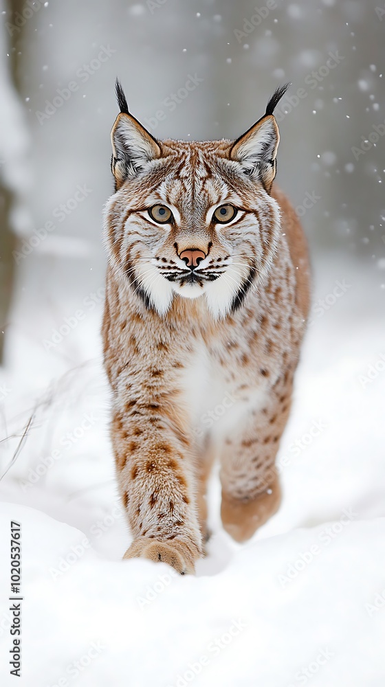 Fototapeta premium A lynx walking through a snowy landscape, showcasing its natural beauty and habitat.