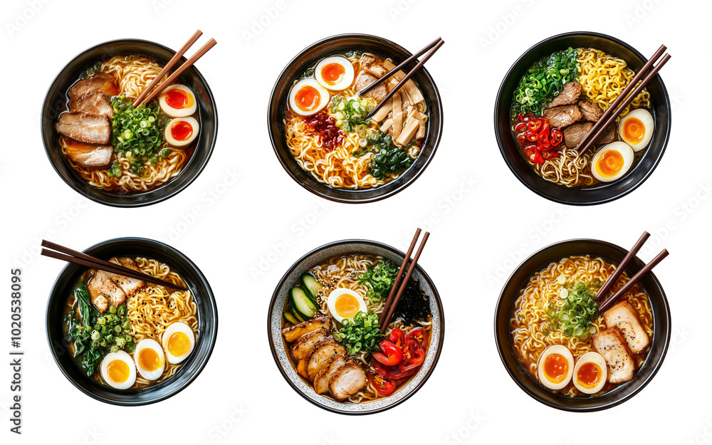Shoyu Ramen in a bowl with chopsticks isolated on a transparent or white background, cut-out, top view, PNG Shoyu Ramen in a bowl with chopsticks isolated on a transparent or white background, cut-out, top view, PNG