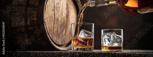 Bottle of Whiskey Pouring into a Glass with Ice Cubes Next to an Old Barrel