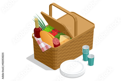 Isometric Wicker Picnic Wooden Basket with Tableware, Food and Drink Picnicon on a white background.