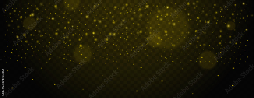 Fototapeta premium Golden glowing particles floating on transparent background. Abstract glittering dust, shiny sparkles, and bokeh effects