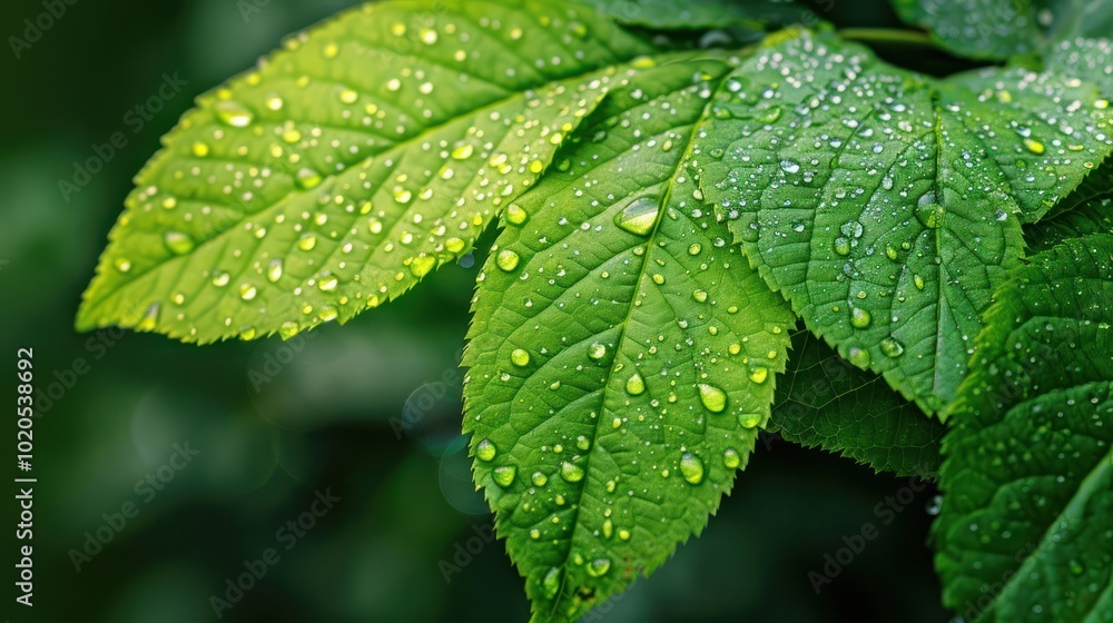 Close-up of green leaves with water droplets after rain. Close-up of green leaves with water droplets after rain.