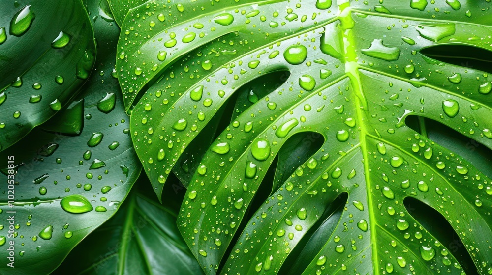 Close-up of green leaves with water droplets. Close-up of green leaves with water droplets.