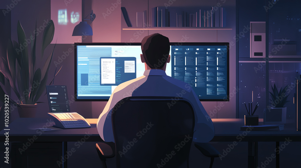 An individual working late at night, focused on multiple computer screens surrounded by modern office elements and plants.